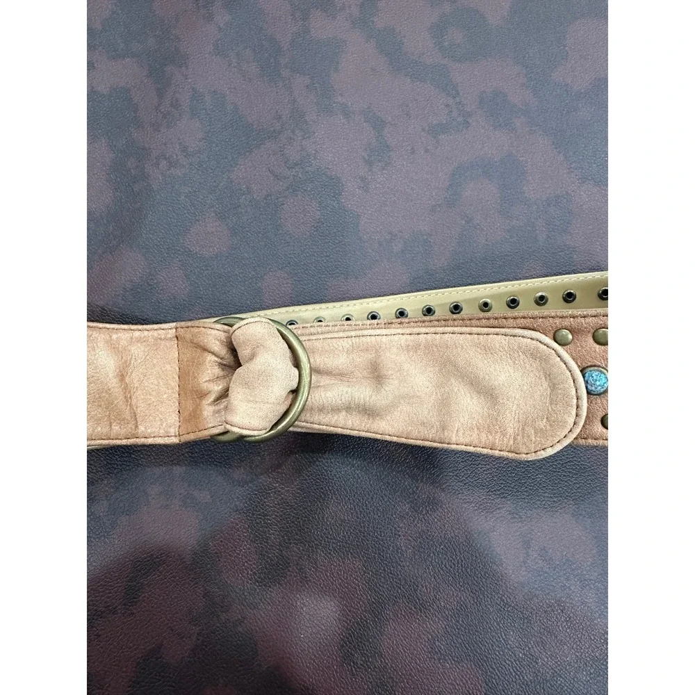 Genuine Italian Leather Turquoise Studded Boho D-Ring Belt Tan Brown Medium